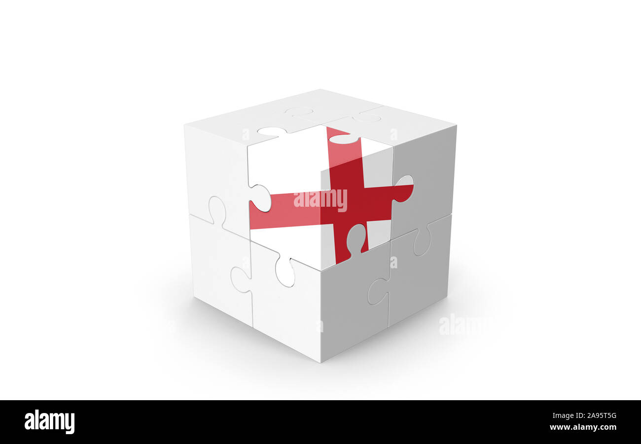 Drapeau anglais sur cube 3D Puzzle isolé contre l'arrière-plan blanc. Image 3D réaliste avec beaucoup d'espace pour votre copie du design les besoins des cultures. Banque D'Images