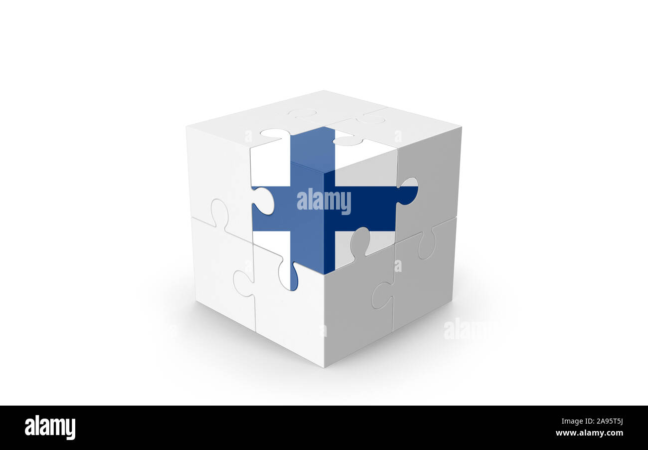 Drapeau finlandais sur cube 3D Puzzle isolé contre l'arrière-plan blanc. Image 3D réaliste avec beaucoup d'espace pour votre copie du design les besoins des cultures. Banque D'Images