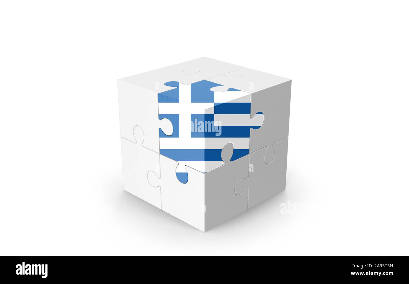 Drapeau grec sur cube 3D Puzzle isolé contre l'arrière-plan blanc. Image 3D réaliste avec beaucoup d'espace pour votre copie du design les besoins des cultures. Banque D'Images