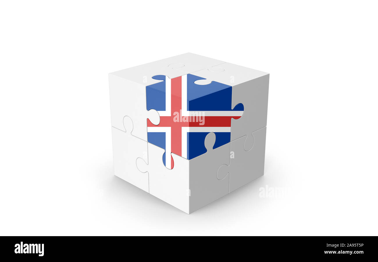 Drapeau de l'Islande sur cube 3D Puzzle isolé contre l'arrière-plan blanc. Image 3D réaliste avec beaucoup d'espace pour votre copie du design les besoins des cultures. Banque D'Images