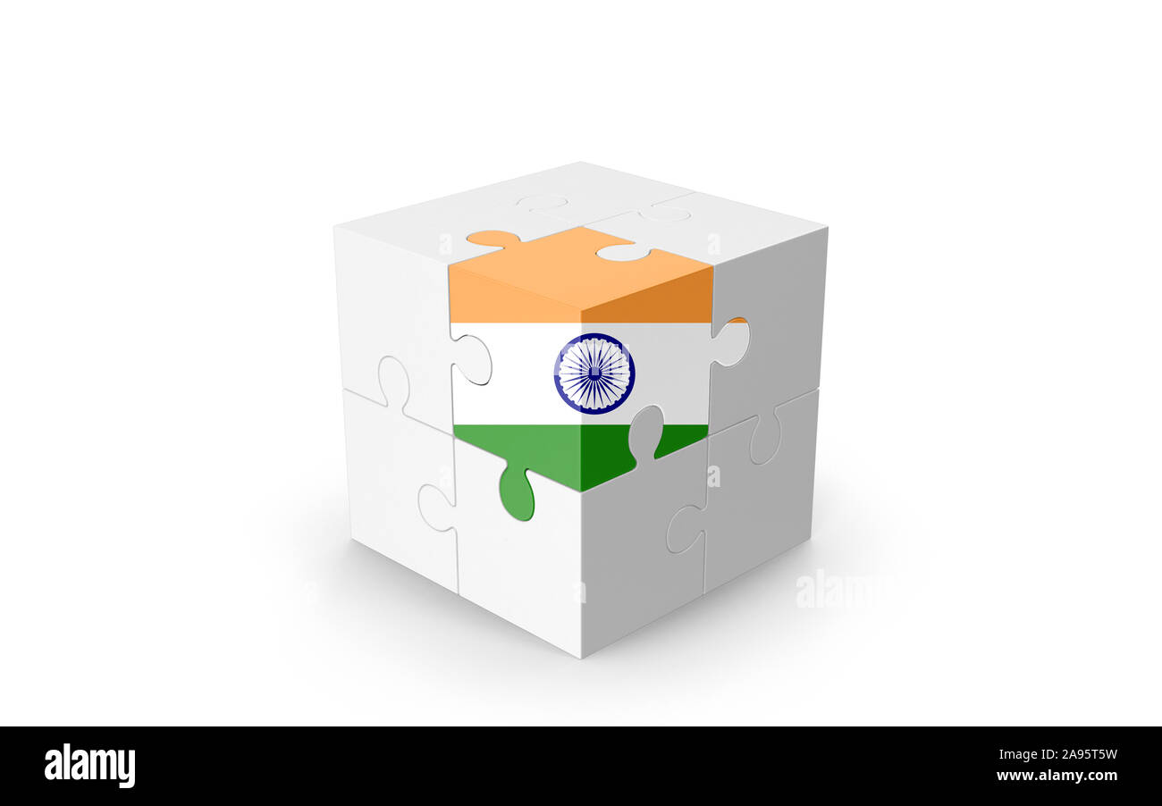 Drapeau indien sur cube 3D Puzzle isolé contre l'arrière-plan blanc. Image 3D réaliste avec beaucoup d'espace pour votre copie du design les besoins des cultures. Banque D'Images