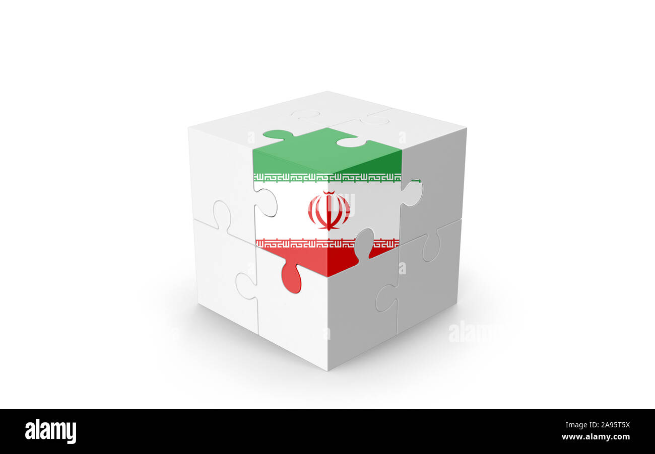 Drapeau iranien sur cube 3D Puzzle isolé contre l'arrière-plan blanc. Image 3D réaliste avec beaucoup d'espace pour votre copie du design les besoins des cultures. Banque D'Images