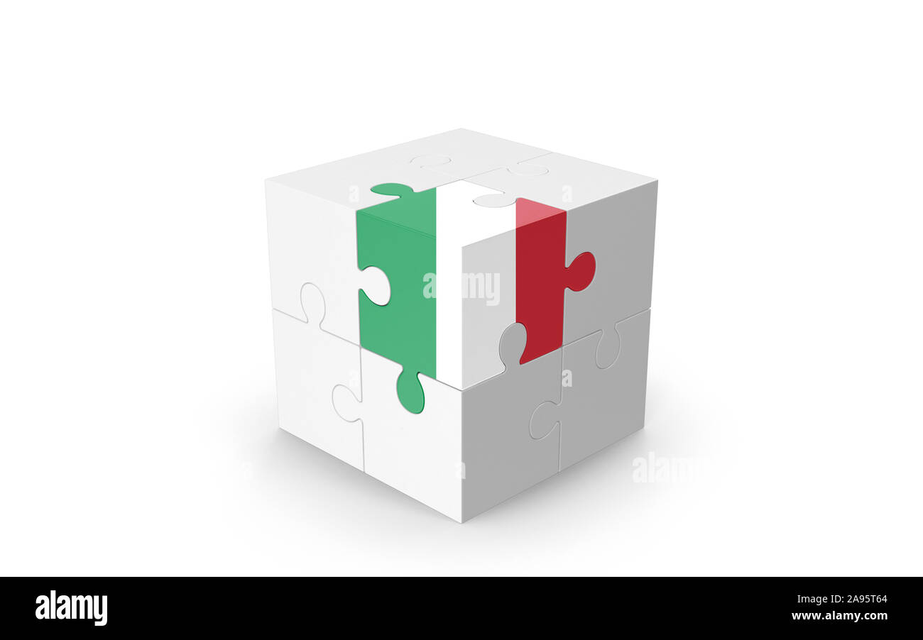 Drapeau Italien sur cube 3D Puzzle isolé contre l'arrière-plan blanc. Image 3D réaliste avec beaucoup d'espace pour votre copie du design les besoins des cultures. Banque D'Images