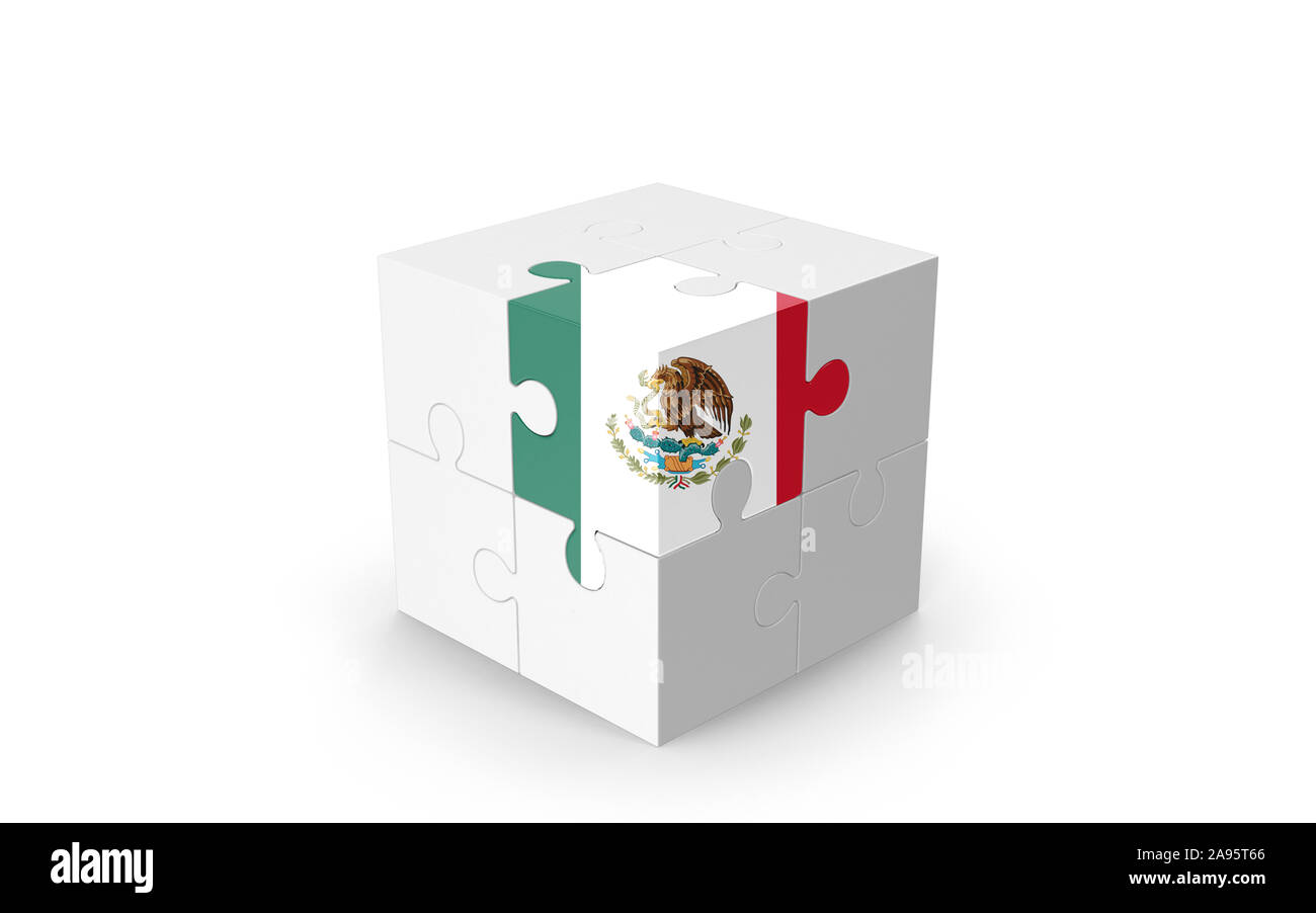 Drapeau Mexicain sur cube 3D Puzzle isolé contre l'arrière-plan blanc. Image 3D réaliste avec beaucoup d'espace pour votre copie du design les besoins des cultures. Banque D'Images