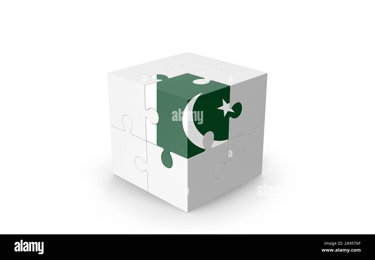 Drapeau du Pakistan sur cube 3D Puzzle isolé contre l'arrière-plan blanc. Image 3D réaliste avec beaucoup d'espace pour votre copie du design les besoins des cultures. Banque D'Images