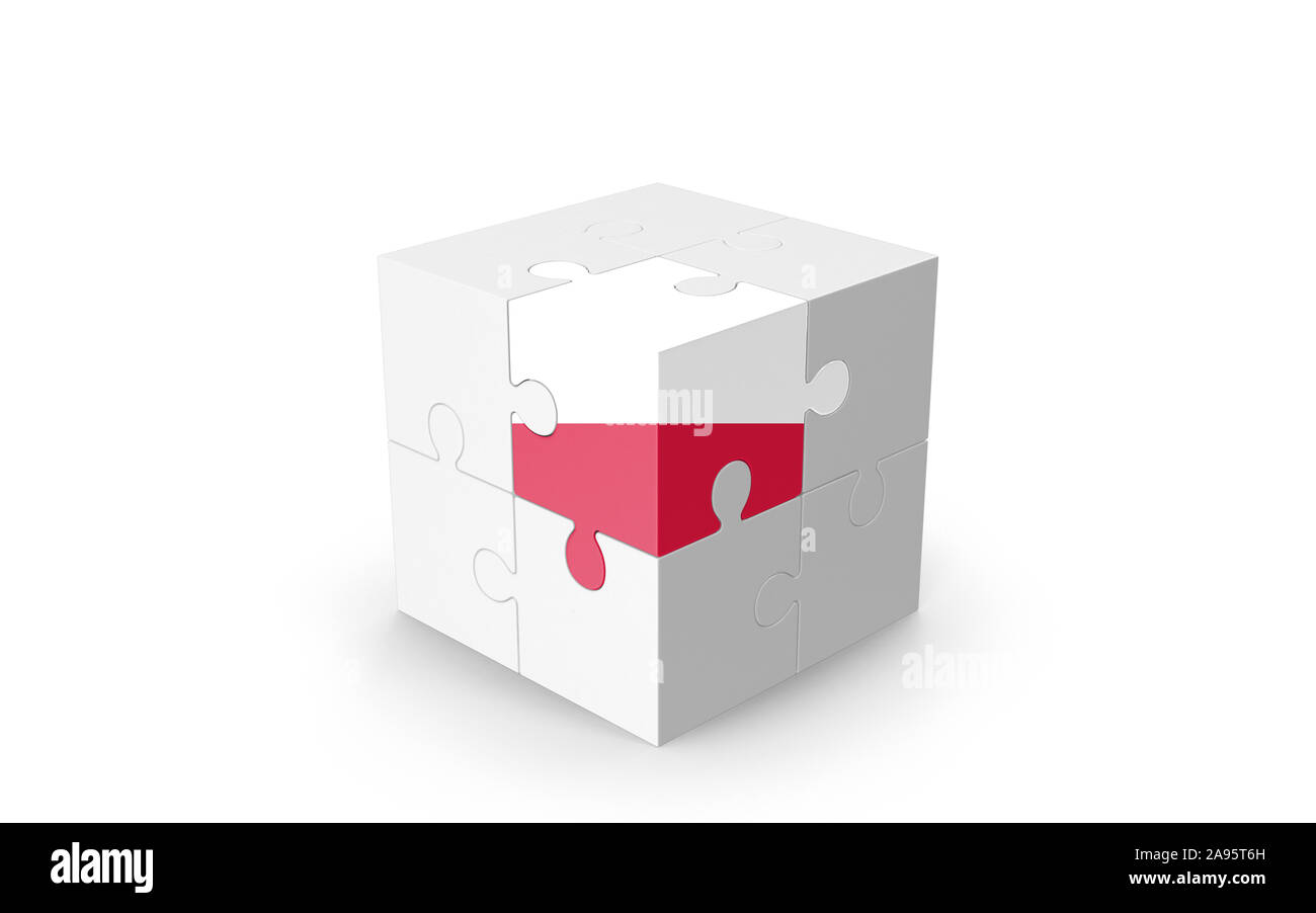 Drapeau polonais sur cube 3D Puzzle isolé contre l'arrière-plan blanc. Image 3D réaliste avec beaucoup d'espace pour votre copie du design les besoins des cultures. Banque D'Images