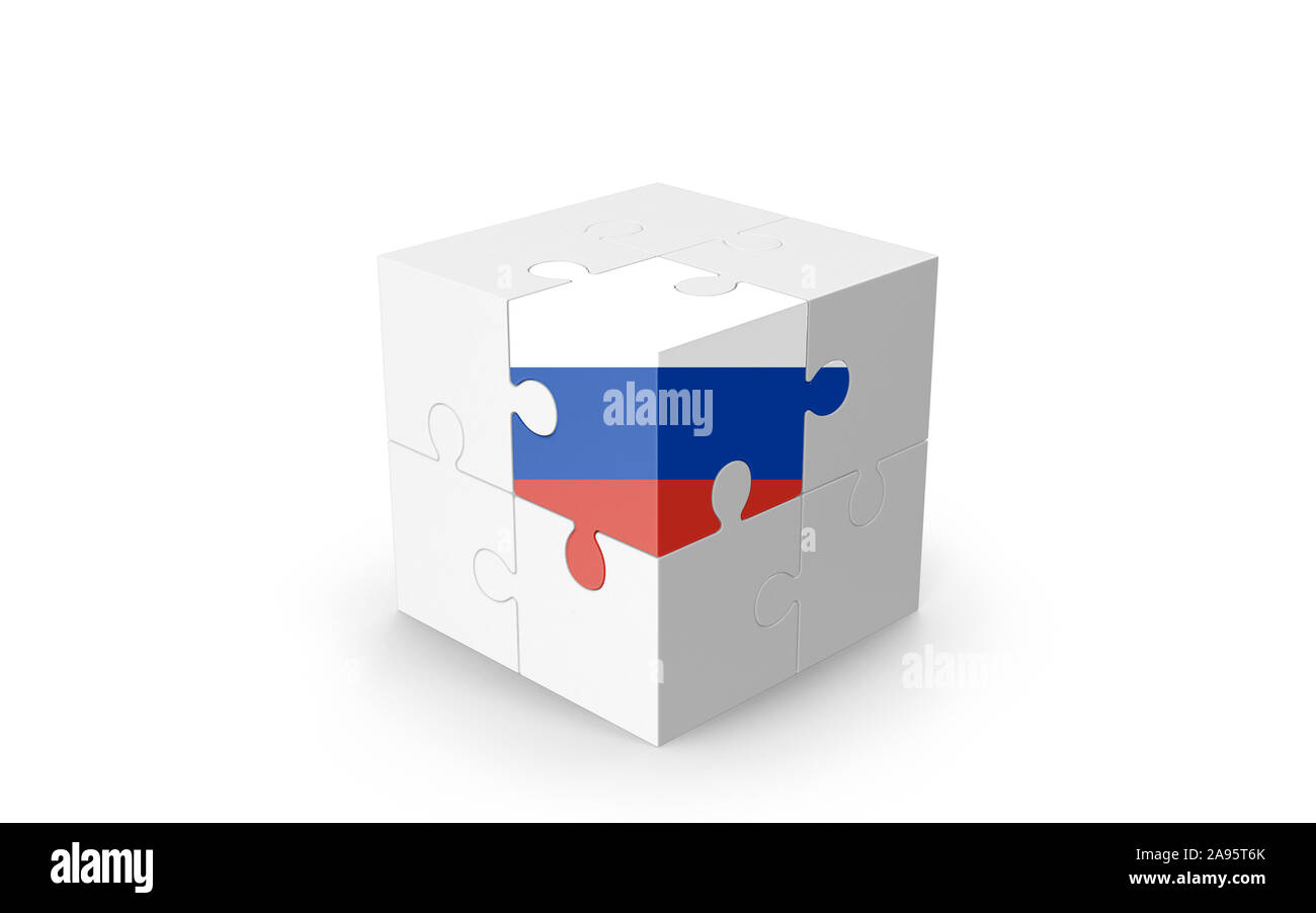 Drapeau russe sur cube 3D Puzzle isolé contre l'arrière-plan blanc. Image 3D réaliste avec beaucoup d'espace pour votre copie du design les besoins des cultures. Banque D'Images