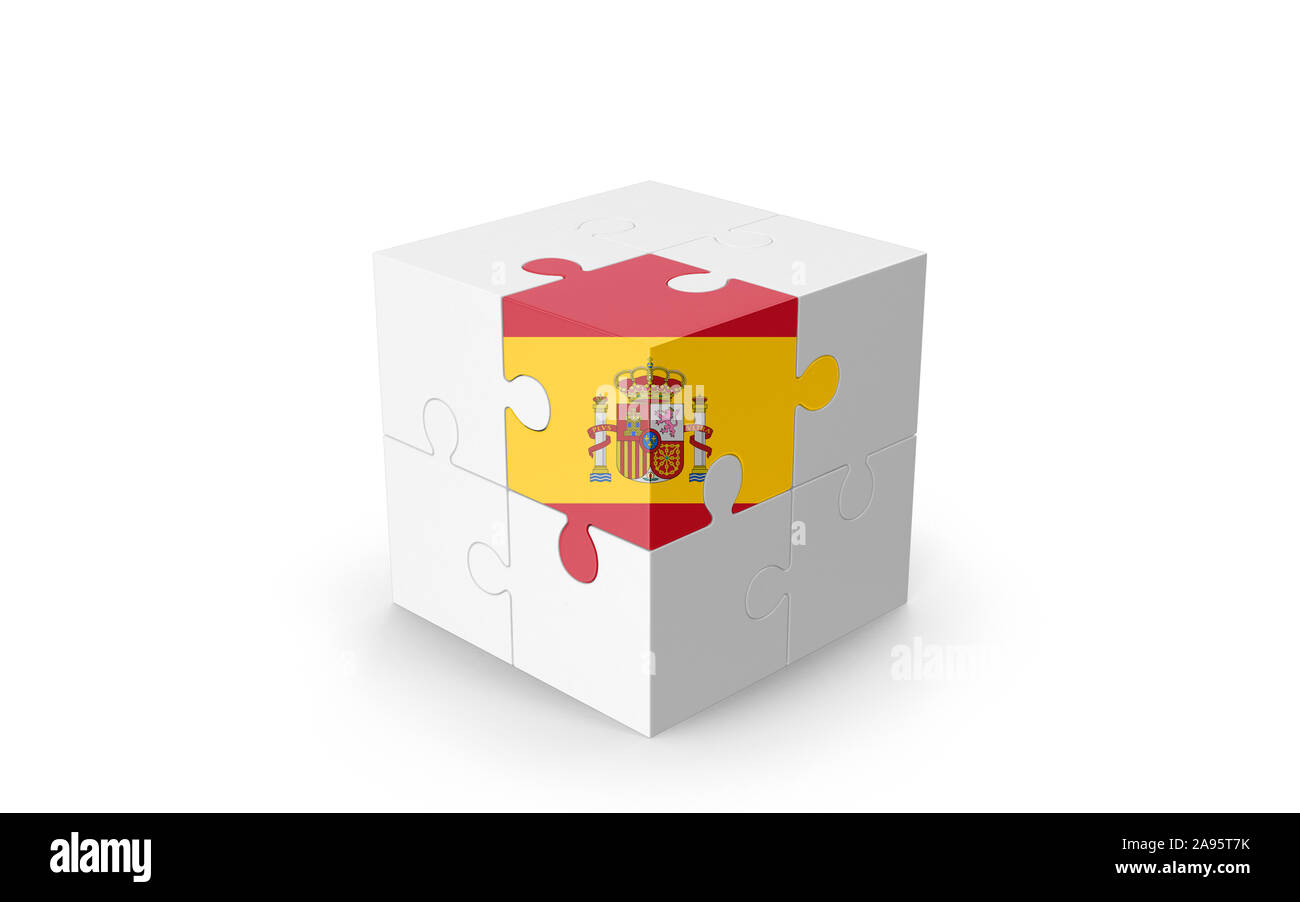 Drapeau espagnol sur cube 3D Puzzle isolé contre l'arrière-plan blanc. Image 3D réaliste avec beaucoup d'espace pour votre copie du design les besoins des cultures. Banque D'Images