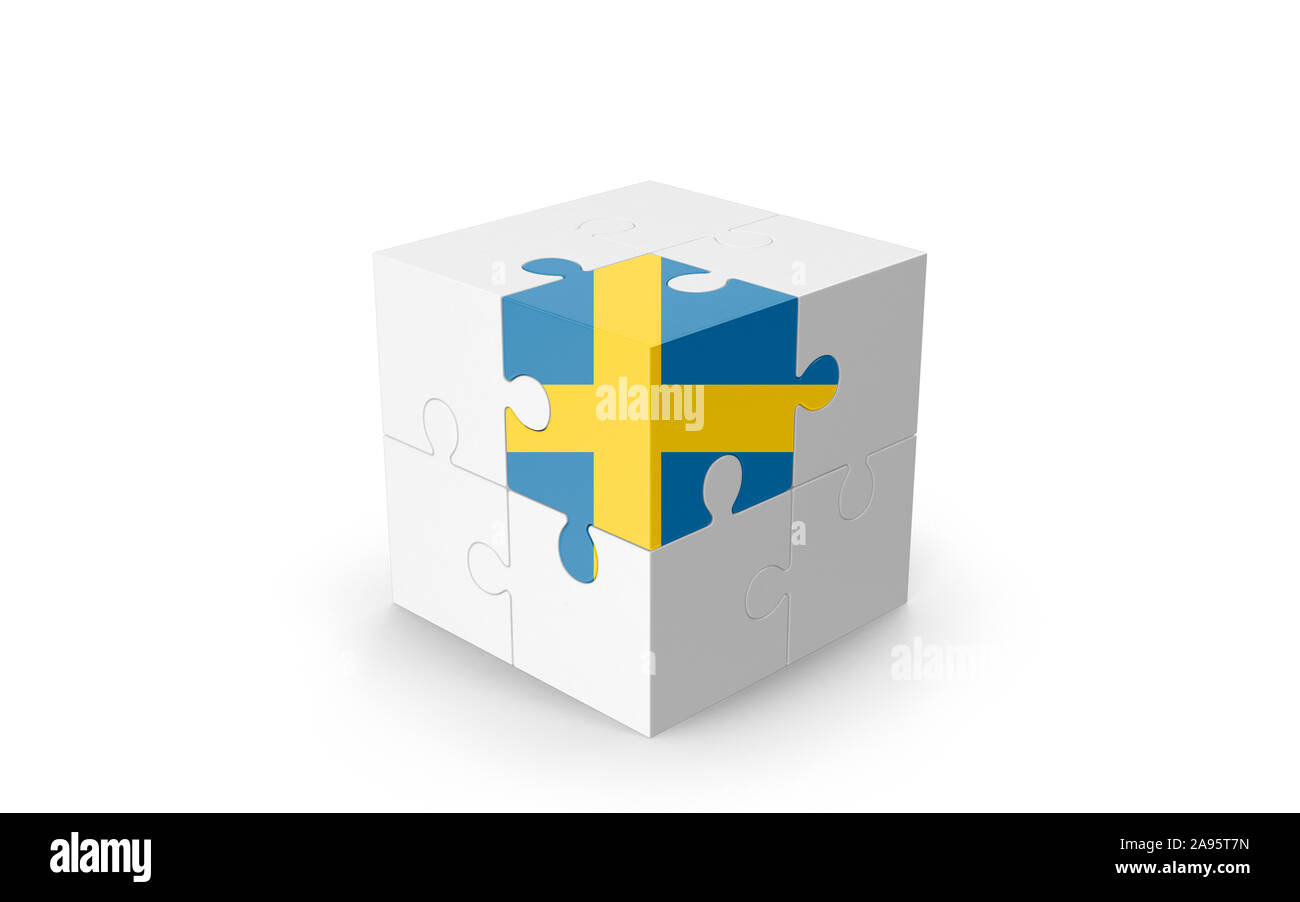Drapeau suédois sur cube 3D Puzzle isolé contre l'arrière-plan blanc. Image 3D réaliste avec beaucoup d'espace pour votre copie du design les besoins des cultures. Banque D'Images