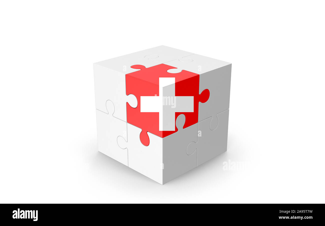 Drapeau suisse sur cube 3D Puzzle isolé contre l'arrière-plan blanc. Image 3D réaliste avec beaucoup d'espace pour votre copie du design les besoins des cultures. Banque D'Images