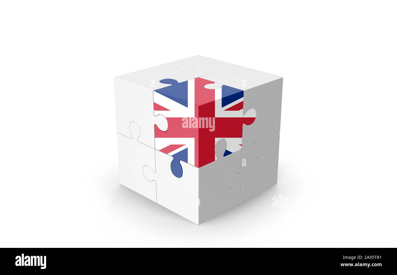 UK Flag sur cube 3D Puzzle isolé contre l'arrière-plan blanc. Image 3D réaliste avec beaucoup d'espace pour votre copie du design les besoins des cultures. Banque D'Images