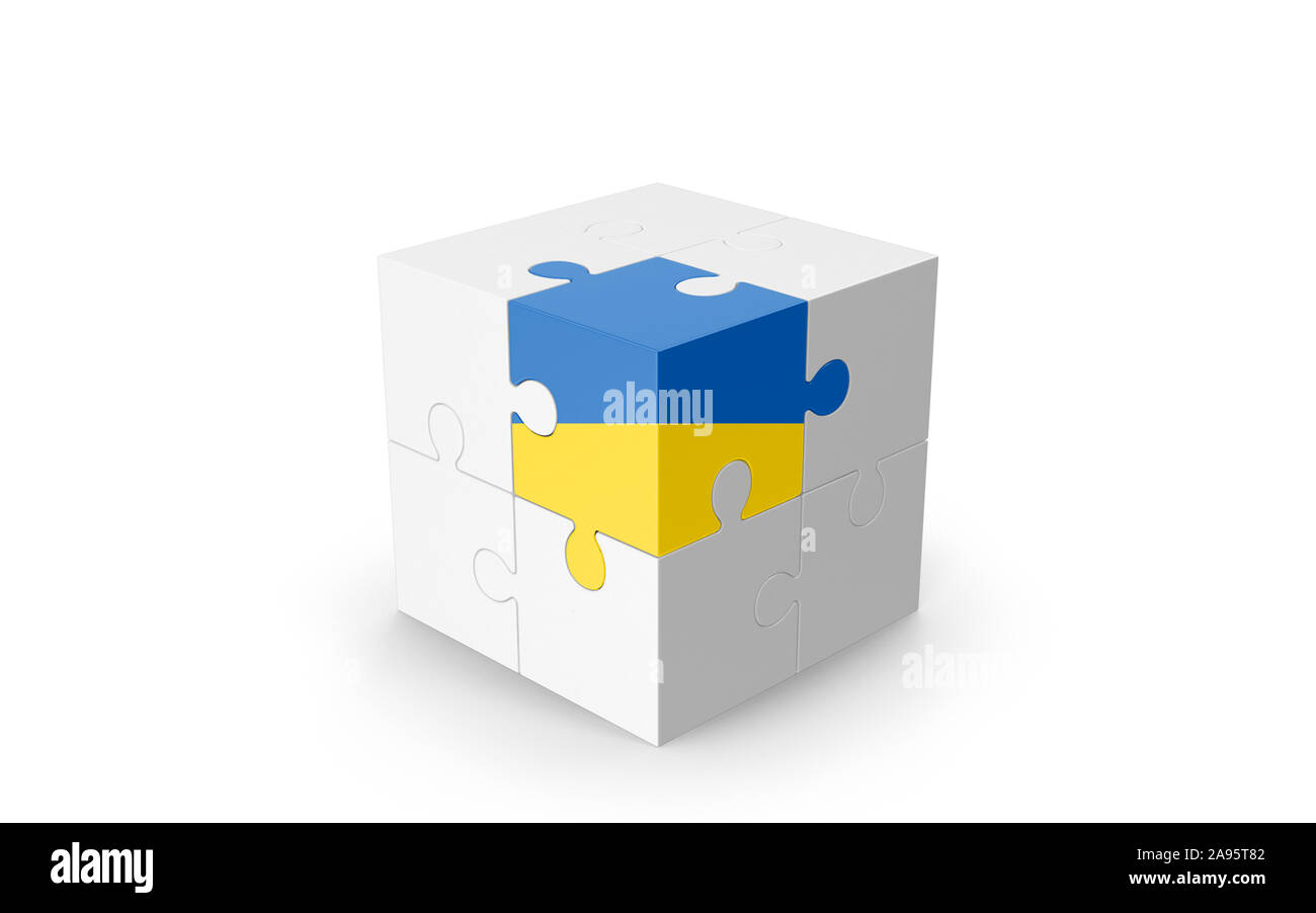 Pavillon ukrainien sur cube 3D Puzzle isolé contre l'arrière-plan blanc. Image 3D réaliste avec beaucoup d'espace pour votre copie du design les besoins des cultures. Banque D'Images