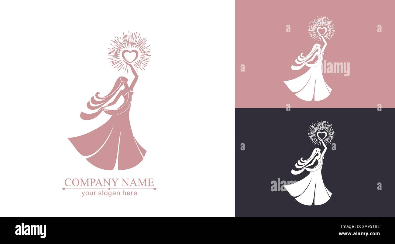 Logo d'une femme avec ses cheveux dans une robe longue tenant un cœur brûlant dans ses mains. Modèle de scénario pour la beauté ou l'entreprise de la concurrence. L'élégance et de c Illustration de Vecteur