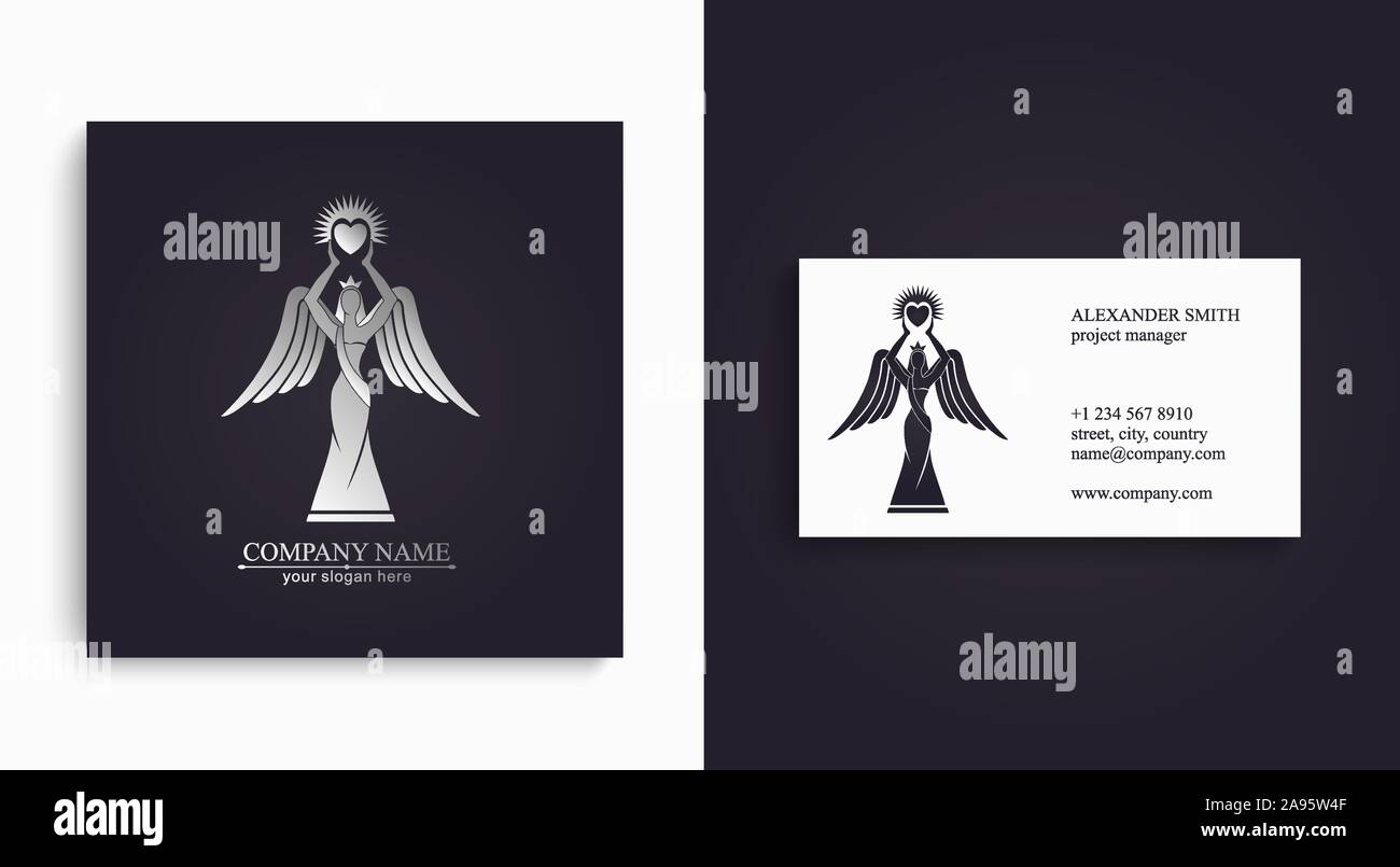 Logo d'une femme avec des ailes tenant un cœur dans les mains avec des rayons. Bonté et Miséricorde. Du Prince pour présentation, modèle d'un concours de beauté. Illustration de Vecteur