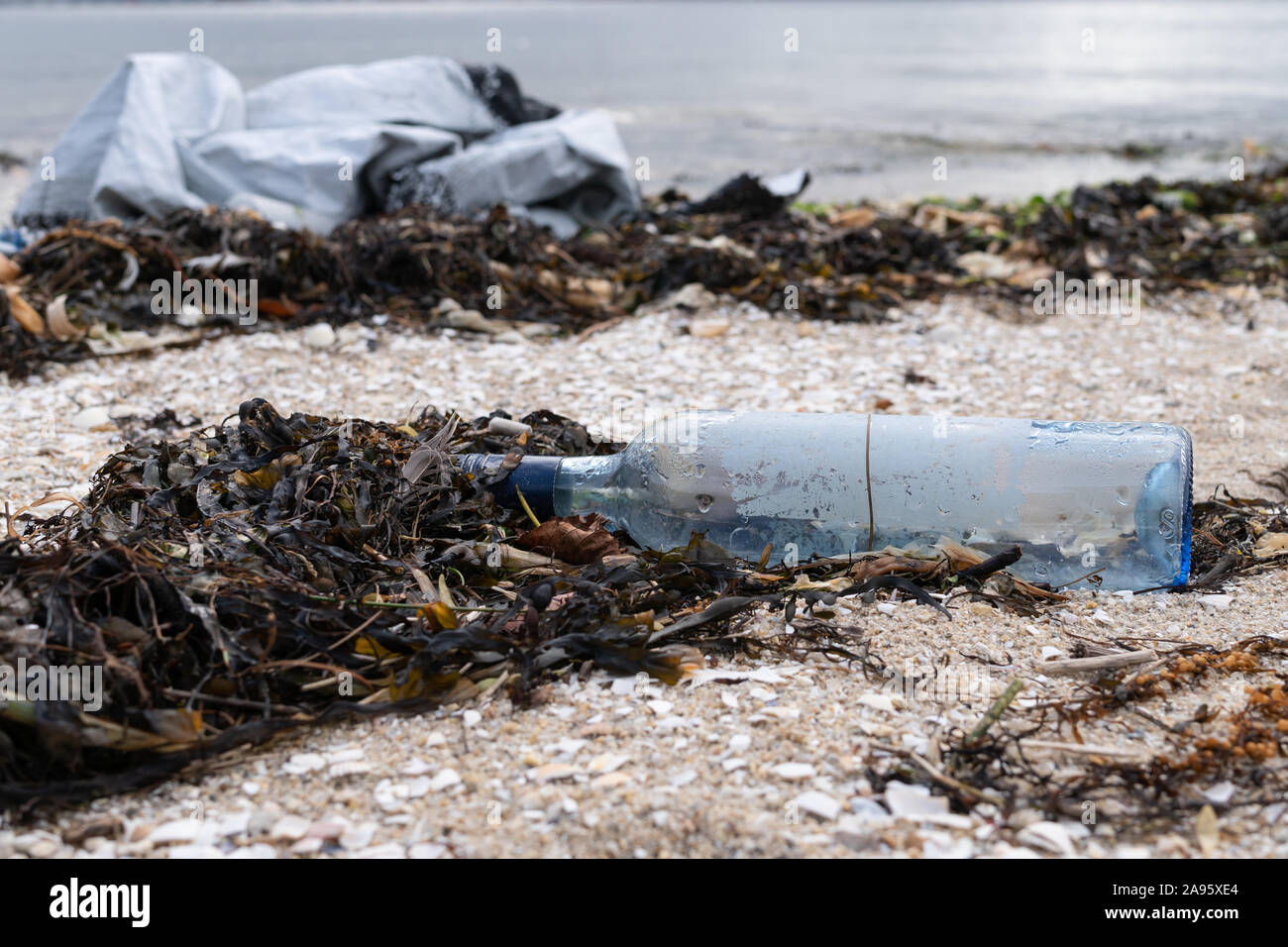 Des ordures sur la plage rivage. La pollution de la mer concept. Vidéo en temps réel Banque D'Images