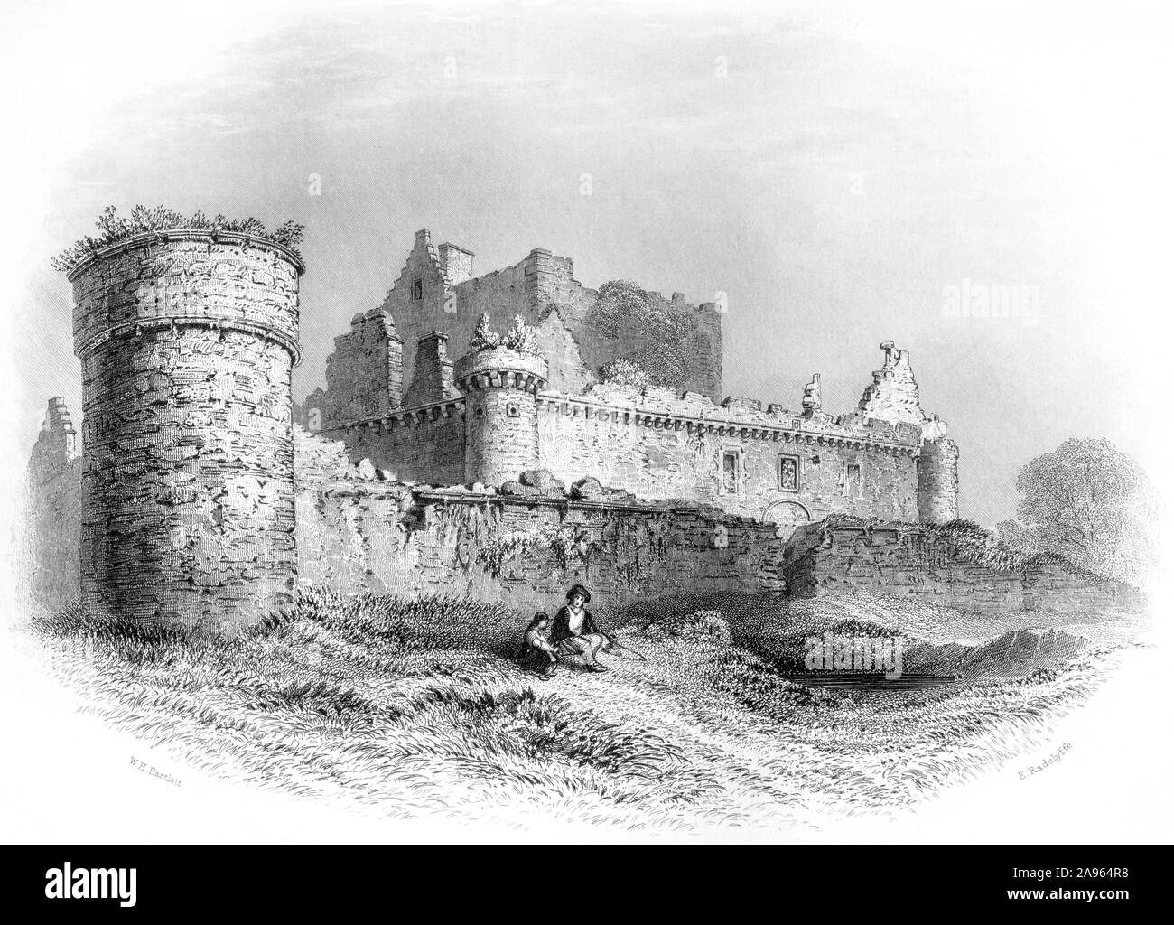 Une gravure de Craigmillar Castle numérisées à haute résolution à partir d'un livre imprimé en 1859. . Banque D'Images
