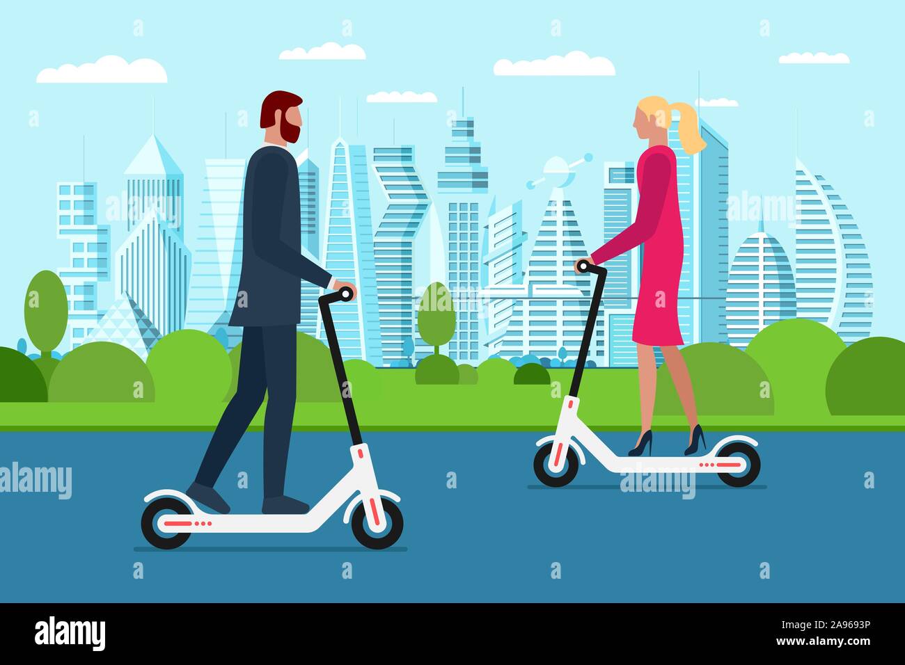 Hipster homme d'affaires et femme à cheval triporteurs électriques dans futur parc de la ville. Partagez le transport écologique en ville et faites le tour. Passer du temps libre sur l'illustration urbaine de vecteur de rue Illustration de Vecteur