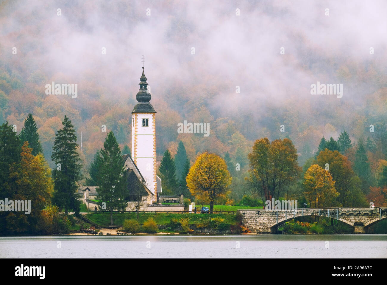 Matin brumeux en automne au lac de Bohinj en Parc National Triglav, Slovénie Banque D'Images