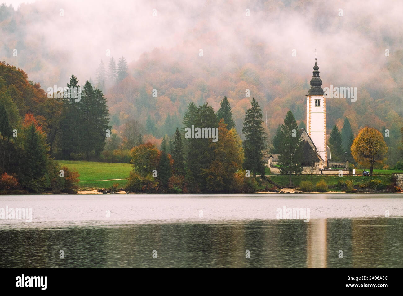 Matin brumeux en automne au lac de Bohinj en Parc National Triglav, Slovénie Banque D'Images