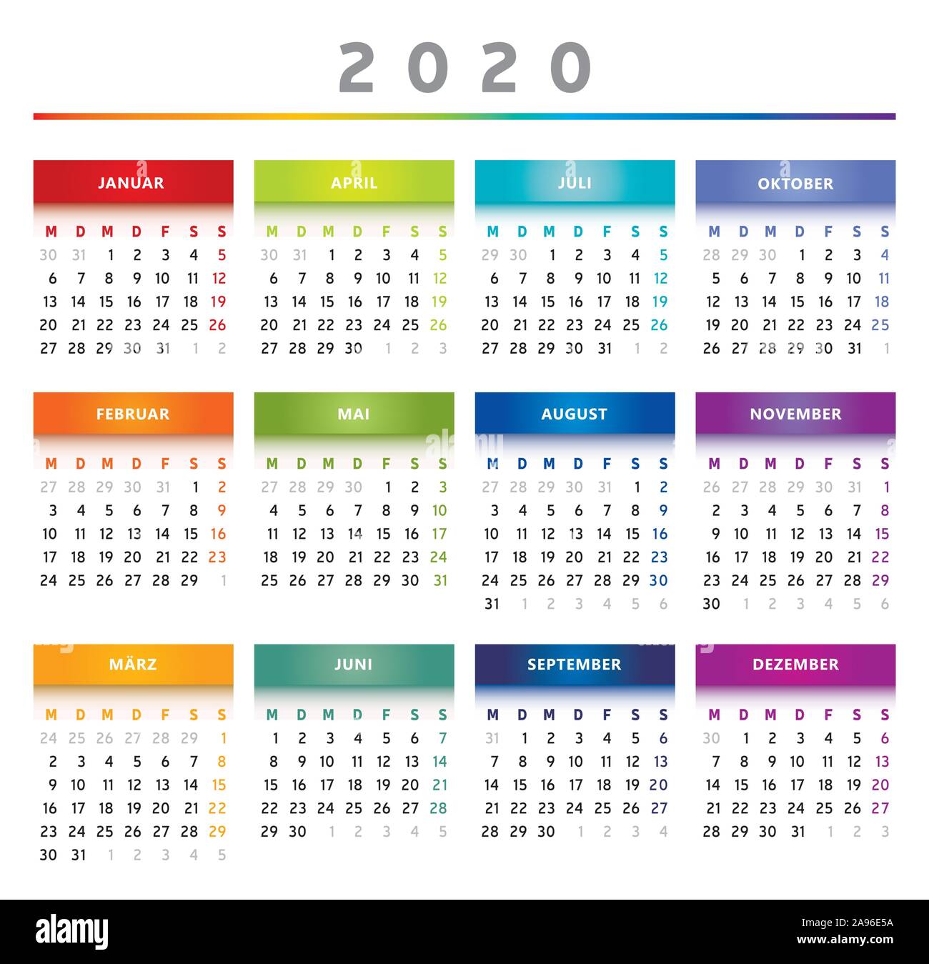 Calendrier 2020 - langue Allemande - - multicolore 4 trimestres Illustration de Vecteur