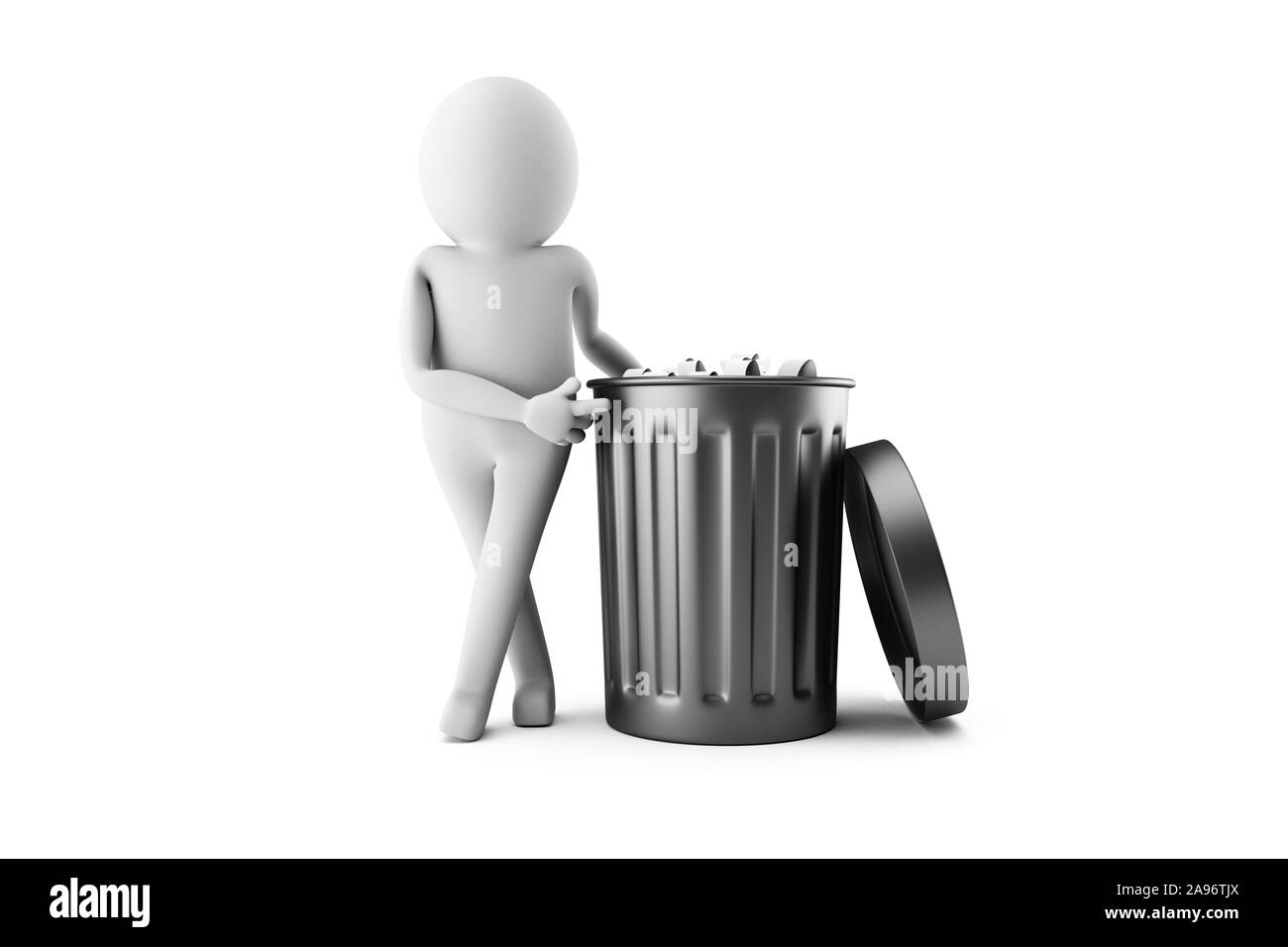 3D Man pose avec une poubelle sur un fond blanc. Le rendu 3D de haute qualité de plusieurs postures de 3D man dans du papier blanc. Le rendu 3D. Banque D'Images