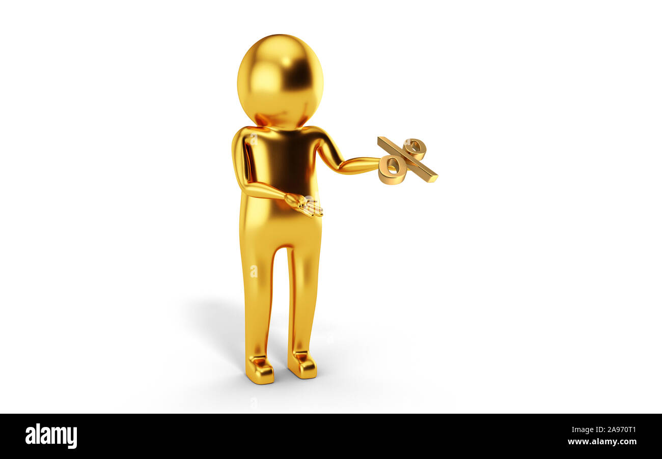 3D Man est maintenant un symbole de pourcentage contre fond blanc. Le rendu 3D. Banque D'Images