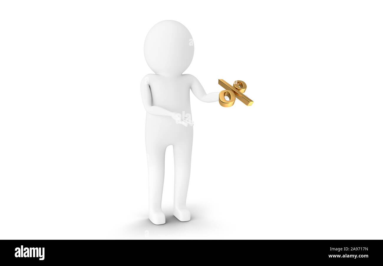 3D Man est maintenant un symbole de pourcentage zéro contre l'arrière-plan blanc. Le rendu 3D. Banque D'Images