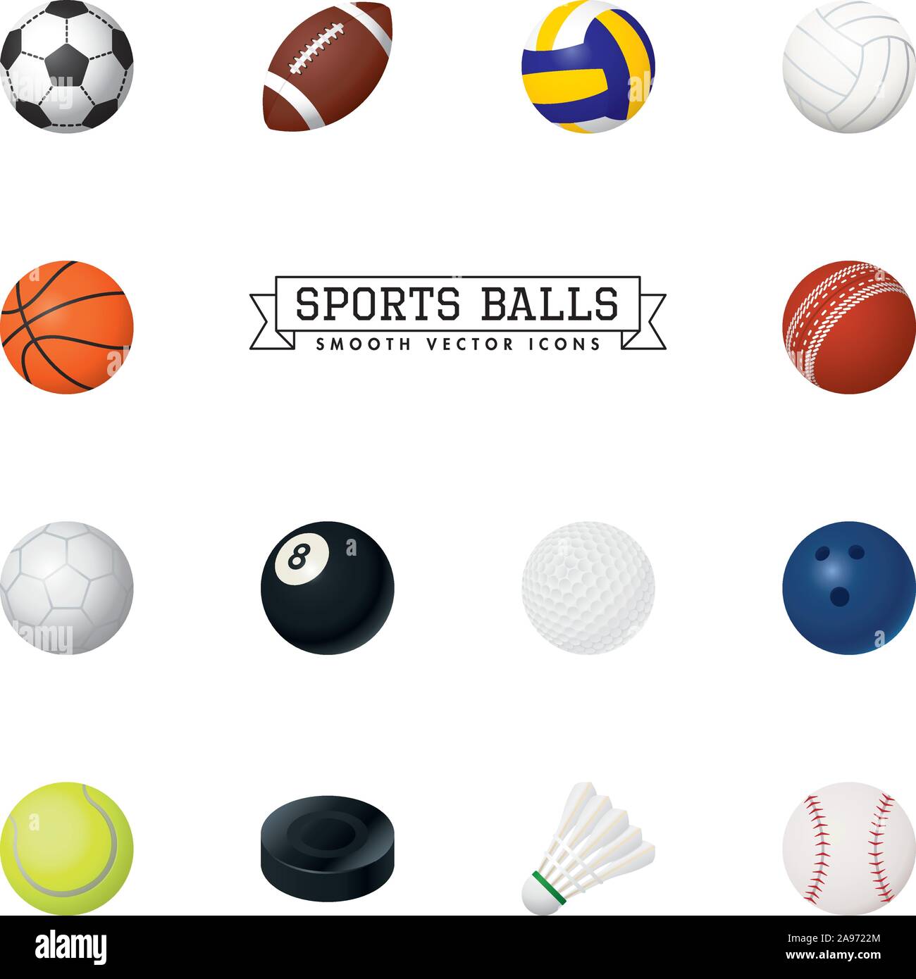 Collection de boules et équipement vector icons lisse pour le baseball, handball, billard soccer et les autres sports individuels et d'équipe. Illustration de Vecteur