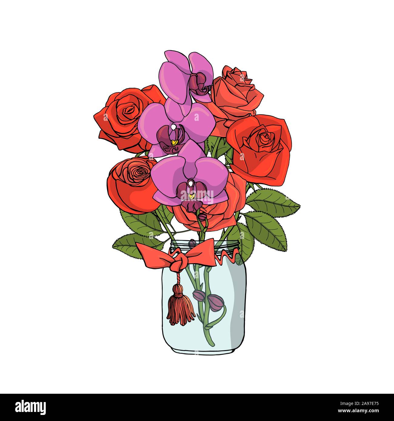 Style doodle dessinés à la main, bouquet de roses rouges et violettes orchidées. Isolé sur fond blanc. Stock vector illustration Illustration de Vecteur