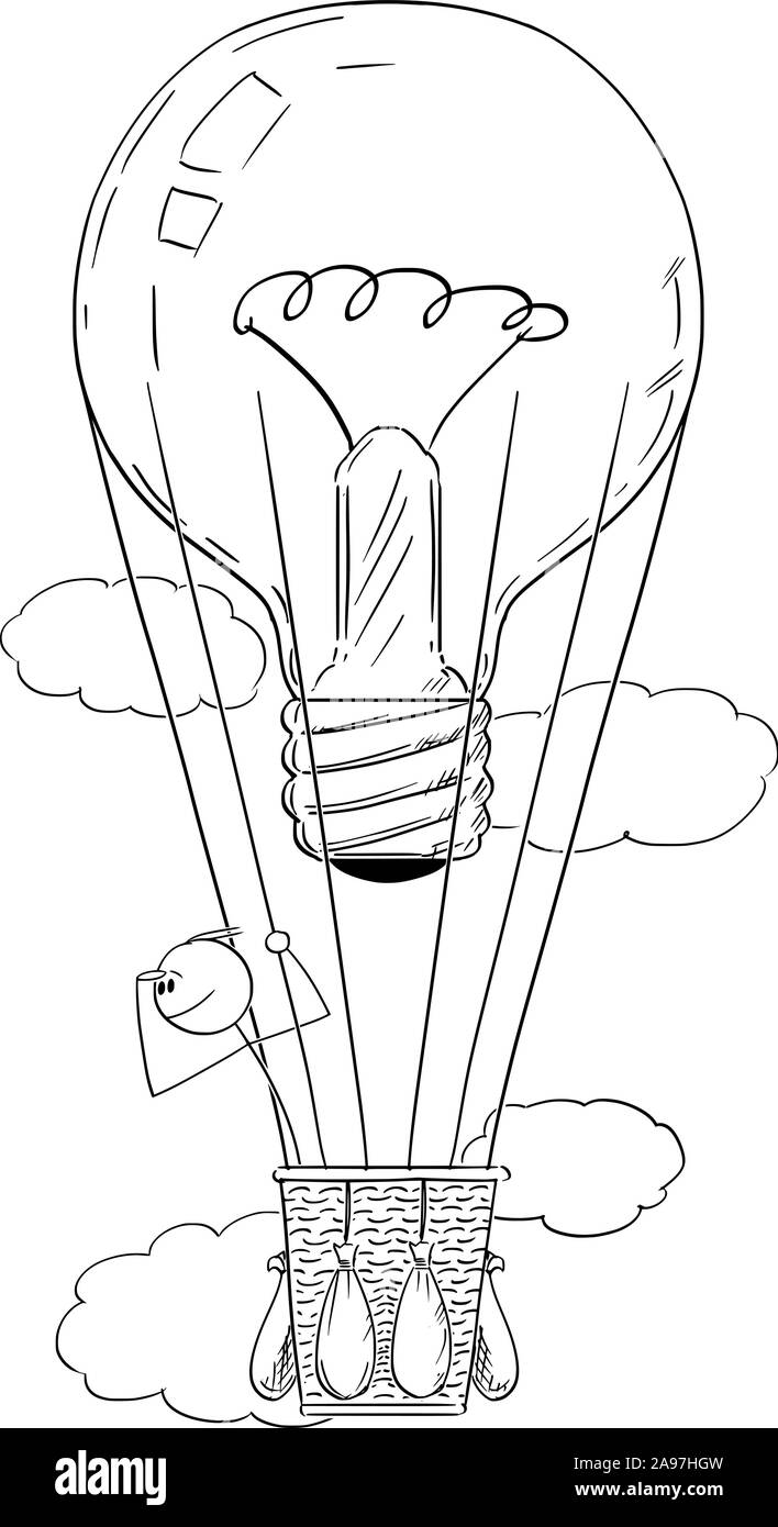Vector cartoon stick figure dessin illustration conceptuelle de l'homme ou homme battant sur hot air balloon powered by light bulb comme métaphore de la créativité ou de l'idée. Illustration de Vecteur