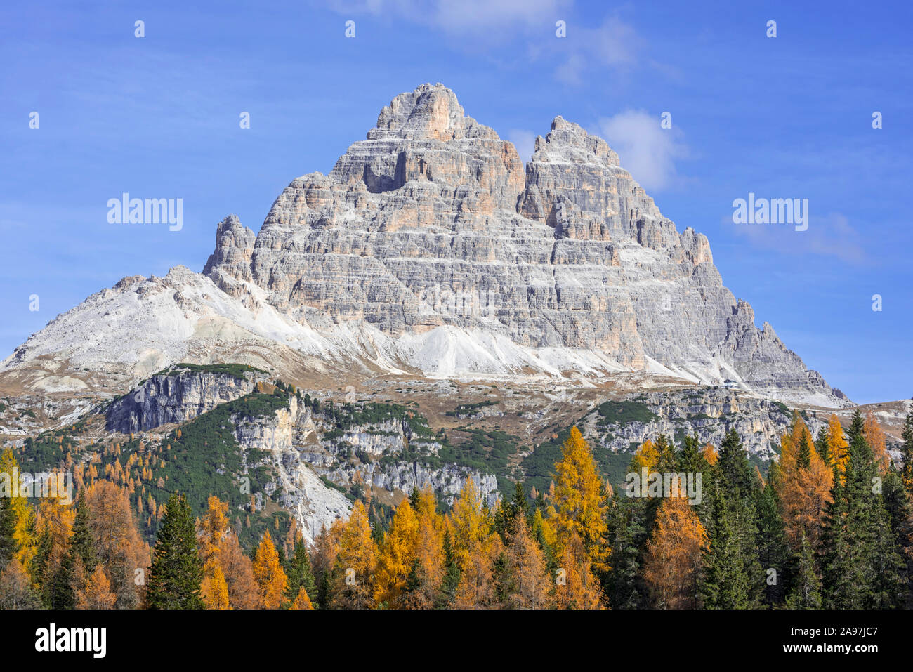 Secteur sud de la montagne Drei Zinnen / Tre Cime di Lavaredo et mélèzes dans le Tre Cime Parc naturel dans l'automne, Dolomites, Tyrol du Sud, Italie Banque D'Images
