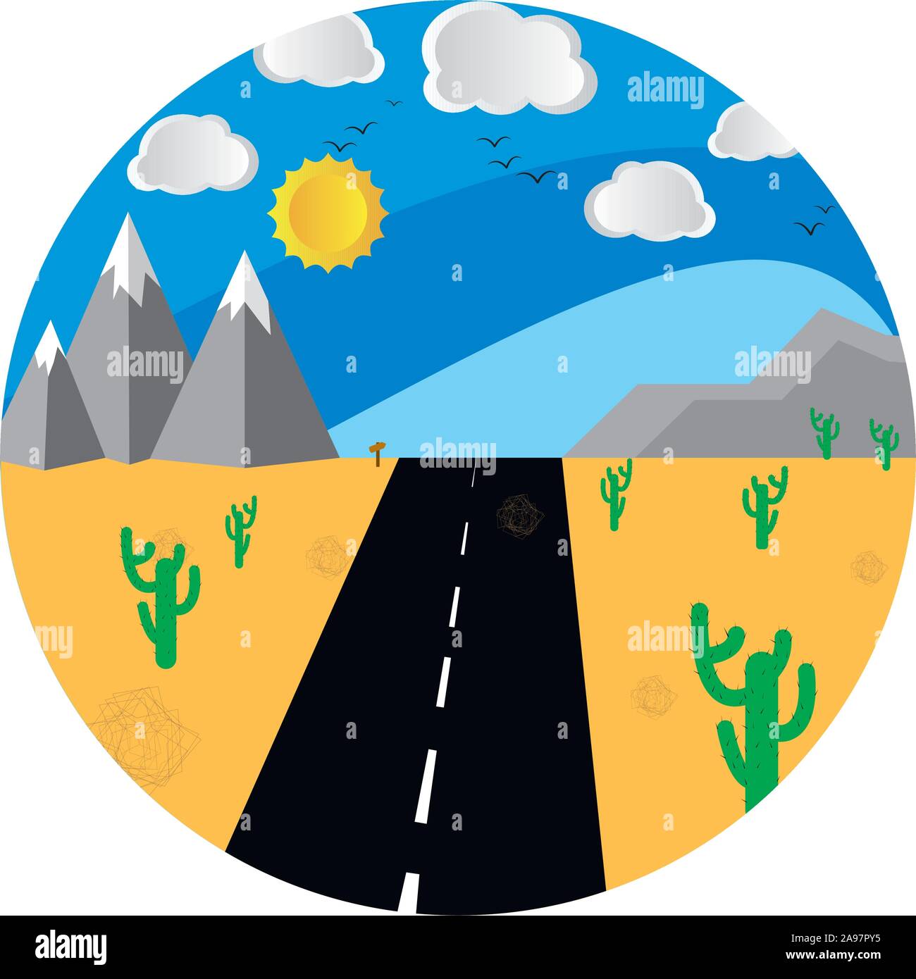 Billet wanderlust cartoon coloré fond paysage, avec perspective road, montagne, soleil et nuages. Choisissez la destination dans le monde et rendez-vous. Grap Illustration de Vecteur