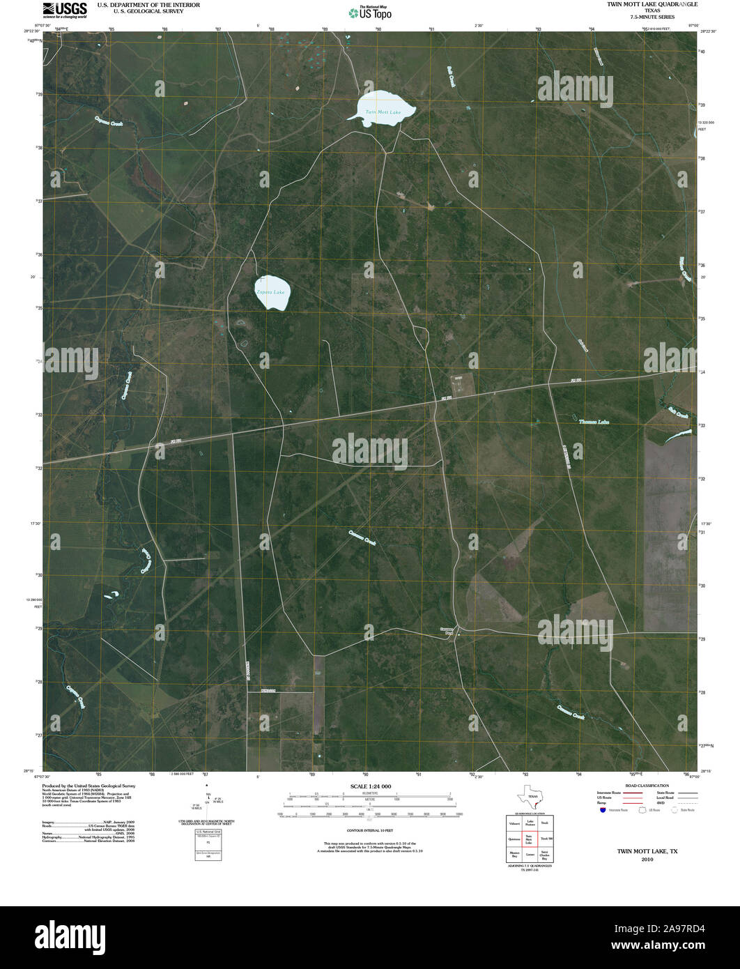 Carte TOPO USGS Texas TX Mott Twin Lake 20100311 TM Banque D'Images