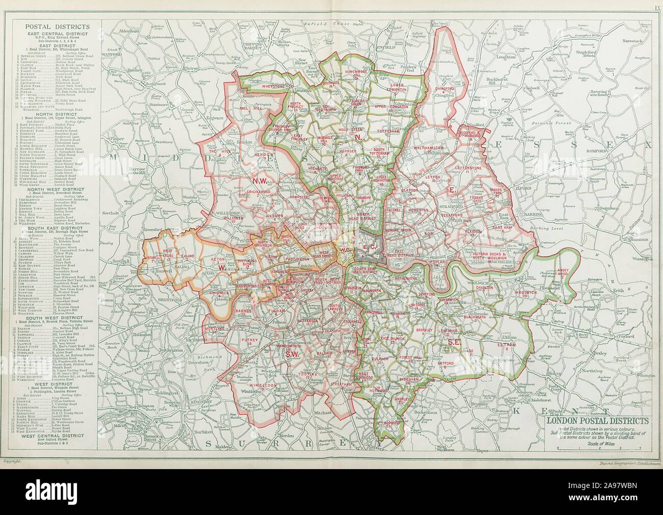 Les districts postaux de Londres. Zones de code post. N NO O SO SE E. BACON 1920 Ancien site Banque D'Images
