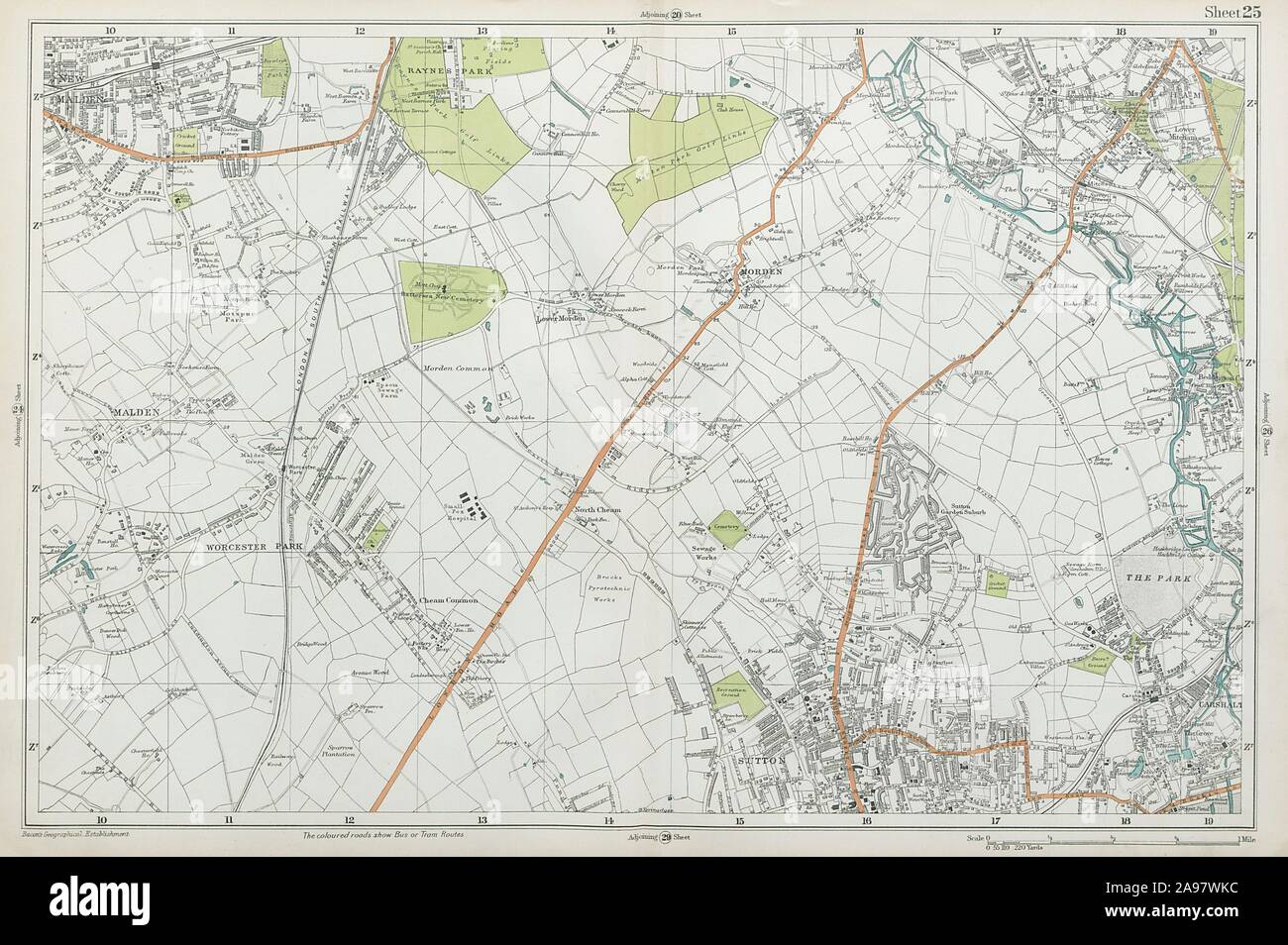 SUTTON Carshalton Morden New Malden Worcester Pk Mitcham Cheam. BACON 1920 map Banque D'Images