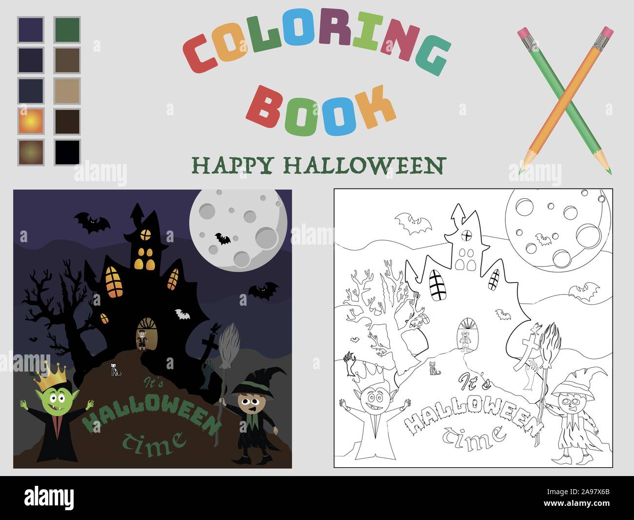 Maison de vacances Halloween coloring page colorée de réserve pour les enfants et adultes de l'éducation et de plaisir. avec palette, il vous suffit de cartoon vector illustration avec unicq Illustration de Vecteur