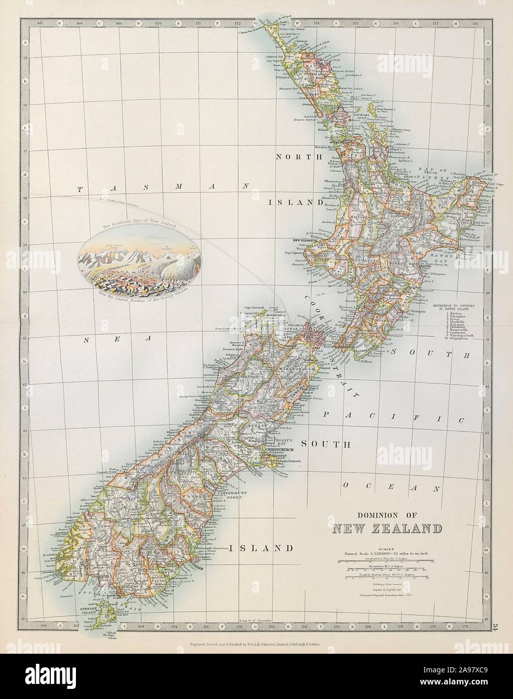 DOMINION DE LA Nouvelle-zélande dans les comtés. Glacier Godley vignette. JOHNSTON 1915 map Banque D'Images