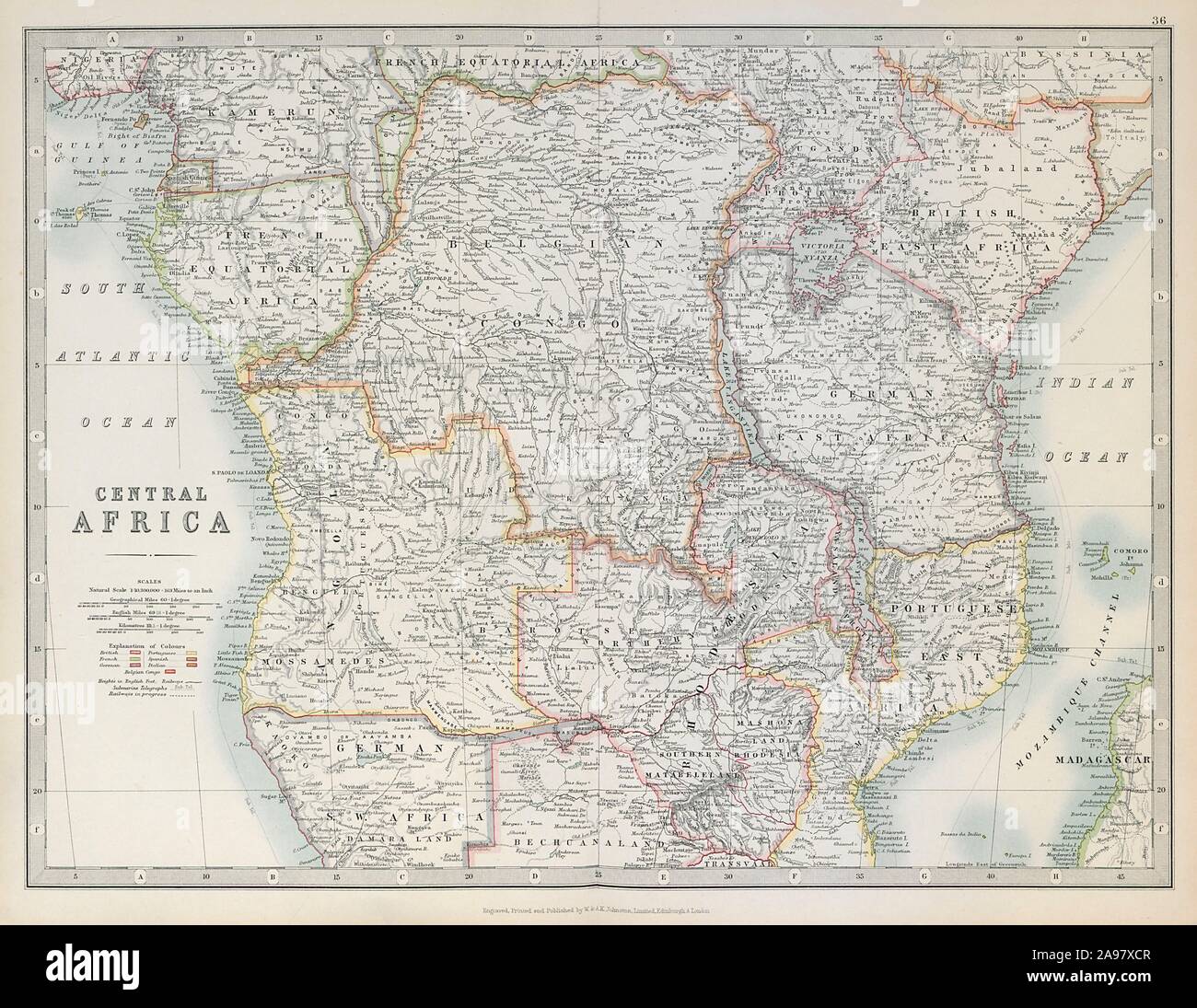 Afrique centrale coloniale. Kenya Tanzanie Congo Belge l'Angola. JOHNSTON 1915 map Banque D'Images