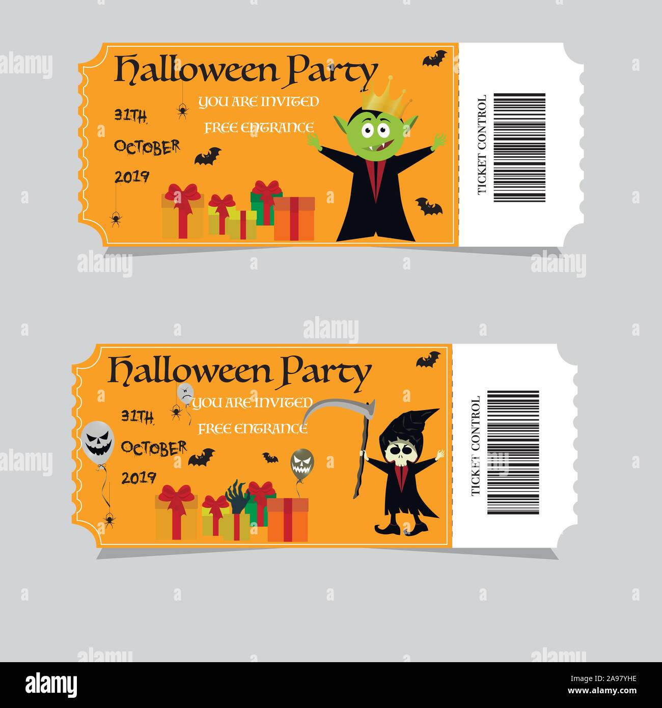 Happy Halloween invitation billet, pour l'entrée, la promotion avec code à barres, les personnages de dessins animés, coffret-cadeau, les chauves-souris, et effrayant des ballons. Pour flyers, st Illustration de Vecteur