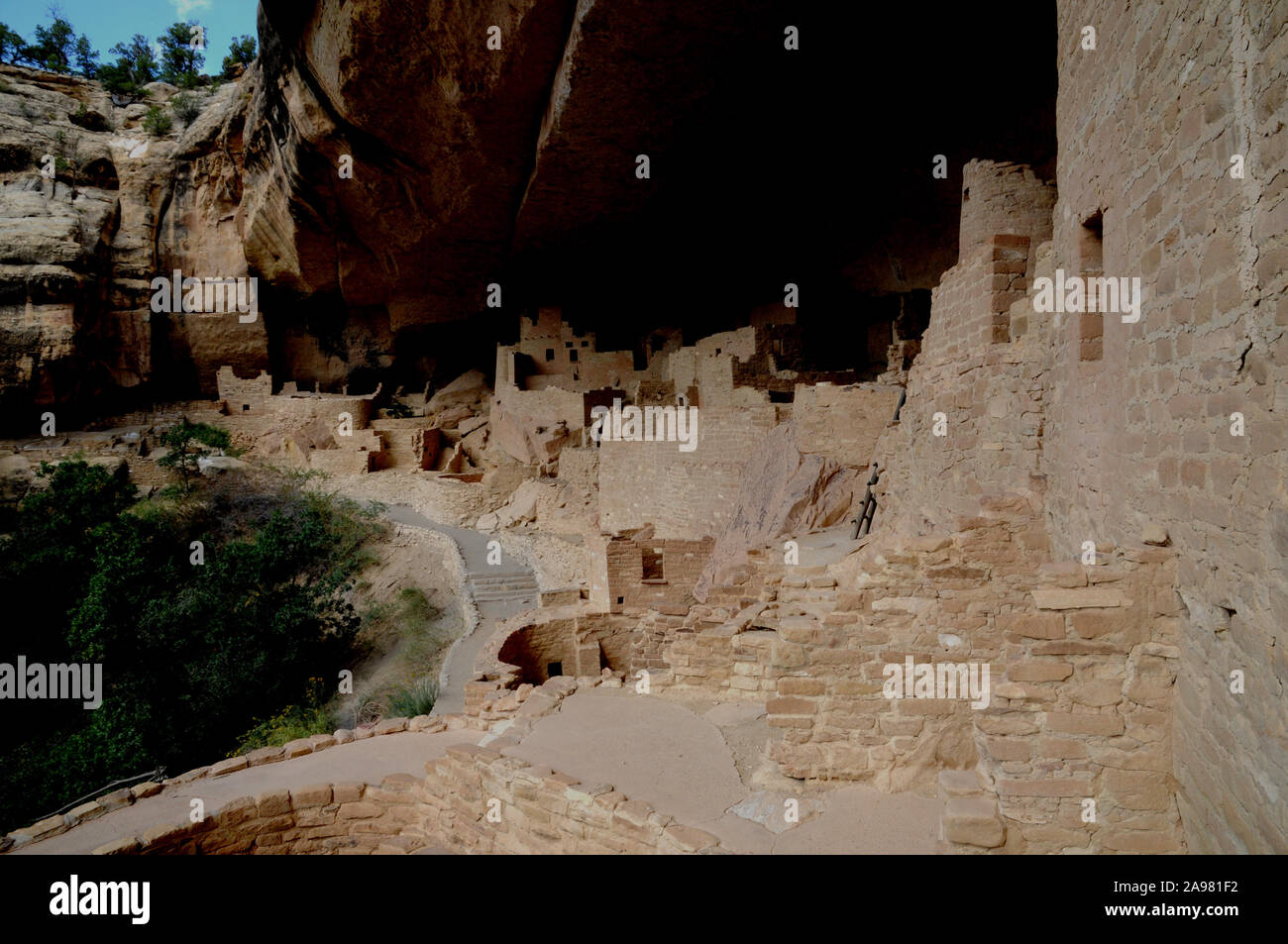 Vues de la falaise Palace pueblo logements à Mesa Verde National Park, Colorado USA. Les ruines peuvent être visités à proximité jusqu'à l'aide d'un ranger du parc tête tour. Banque D'Images