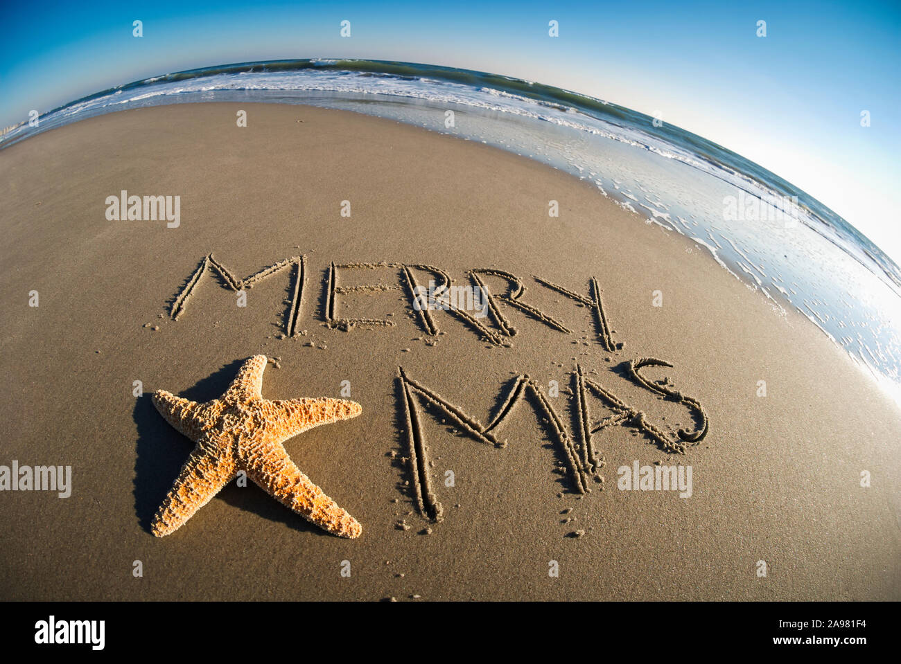 Vue grand angle de Merry X-mas message écrit dans le sable ornée d'une étoile de mer naturel Banque D'Images