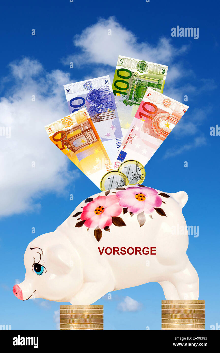 Sparschwein mit der Aufschrift Vorsorge, steht auf Euro Münzen, mit vor, Wolkenhimmel Banknoten Euro Banque D'Images
