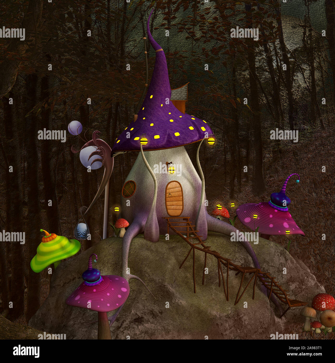 Maison de fantaisie en forme de champignons sur le sommet de la colline Banque D'Images