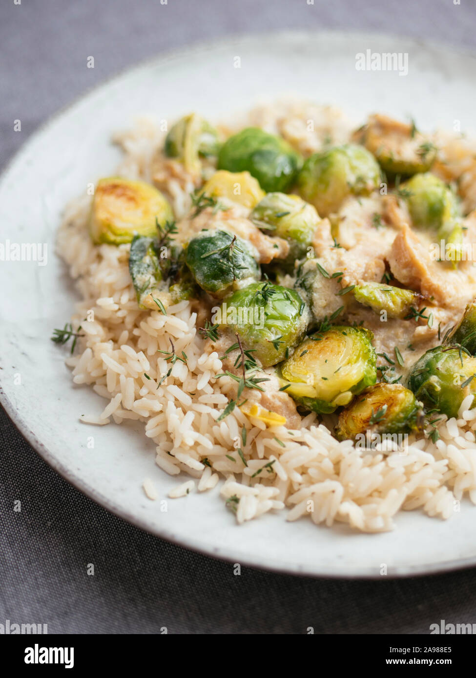 Choux de Bruxelles rôtis avec chickun vegan et une sauce Alfredo sur le riz Banque D'Images