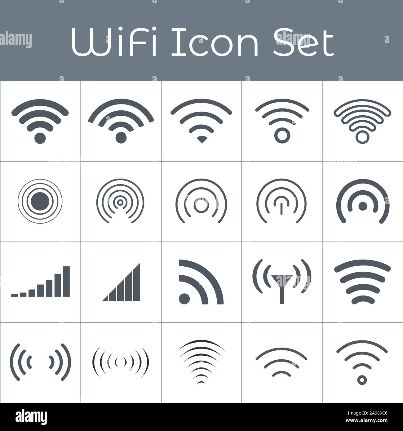 Ensemble de 20 différents sans fil gris et icônes wifi pour l'accès à distance et de communication via les ondes radio. la transmission. Vecteur Stock Illustration de Vecteur