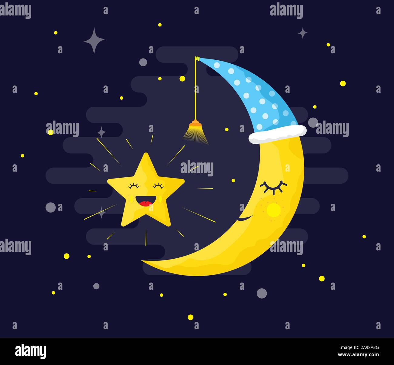 Lune de couchage et heureuse étoile sur un ciel de nuit. Icône vecteur plate. Visage de jolie lune jaune. Illustration de Vecteur
