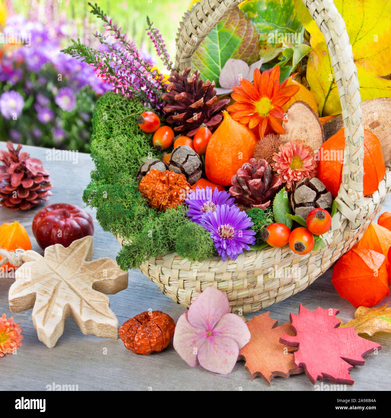 Décorations d'automne avec feuilles et fleurs Banque D'Images