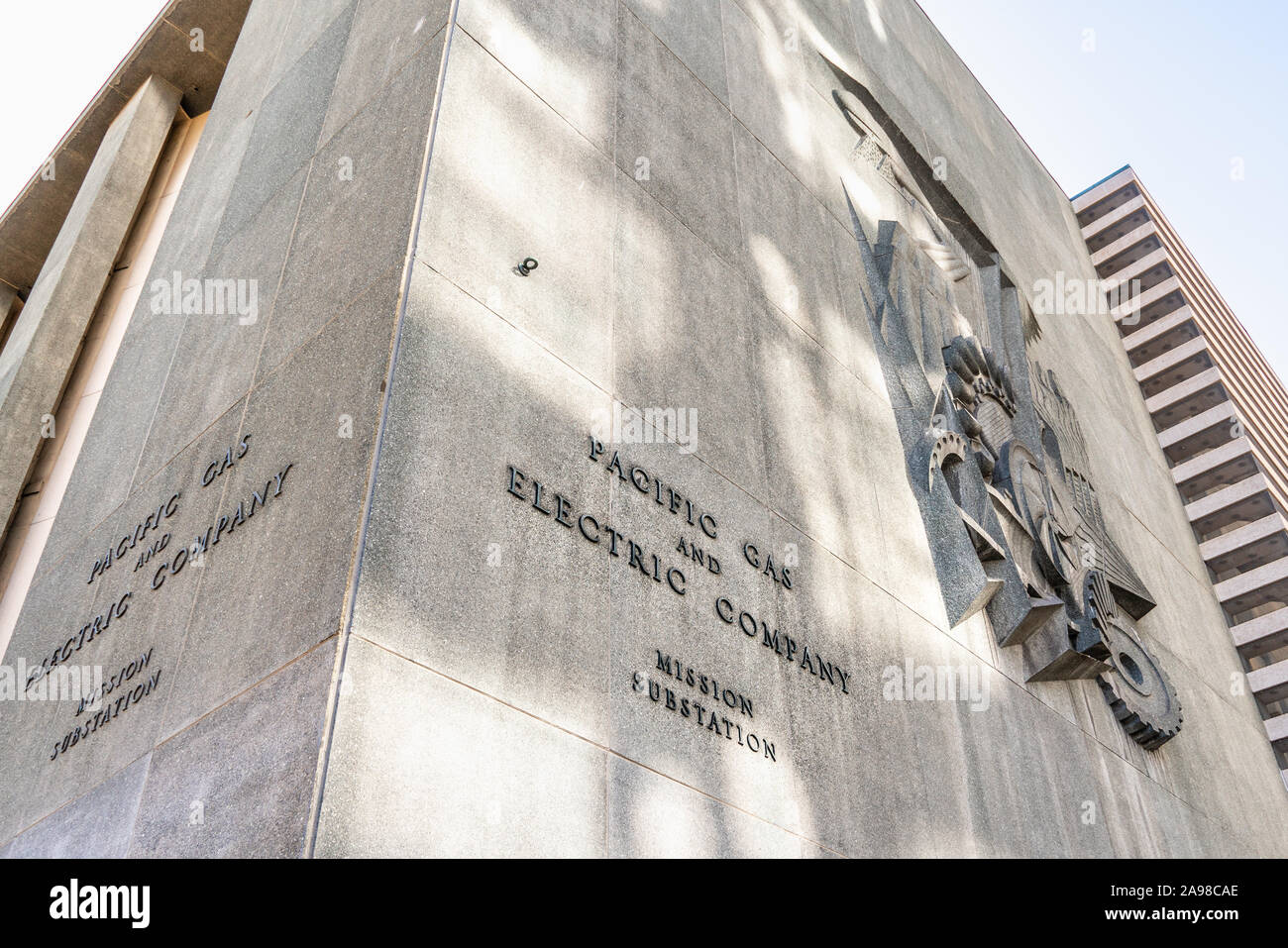 Août 21, 2019 San Francisco / CA / USA - PG&E ( Pacific Gas and Electric Company) Poste de Mission dans le centre-ville de San Francisco. Banque D'Images