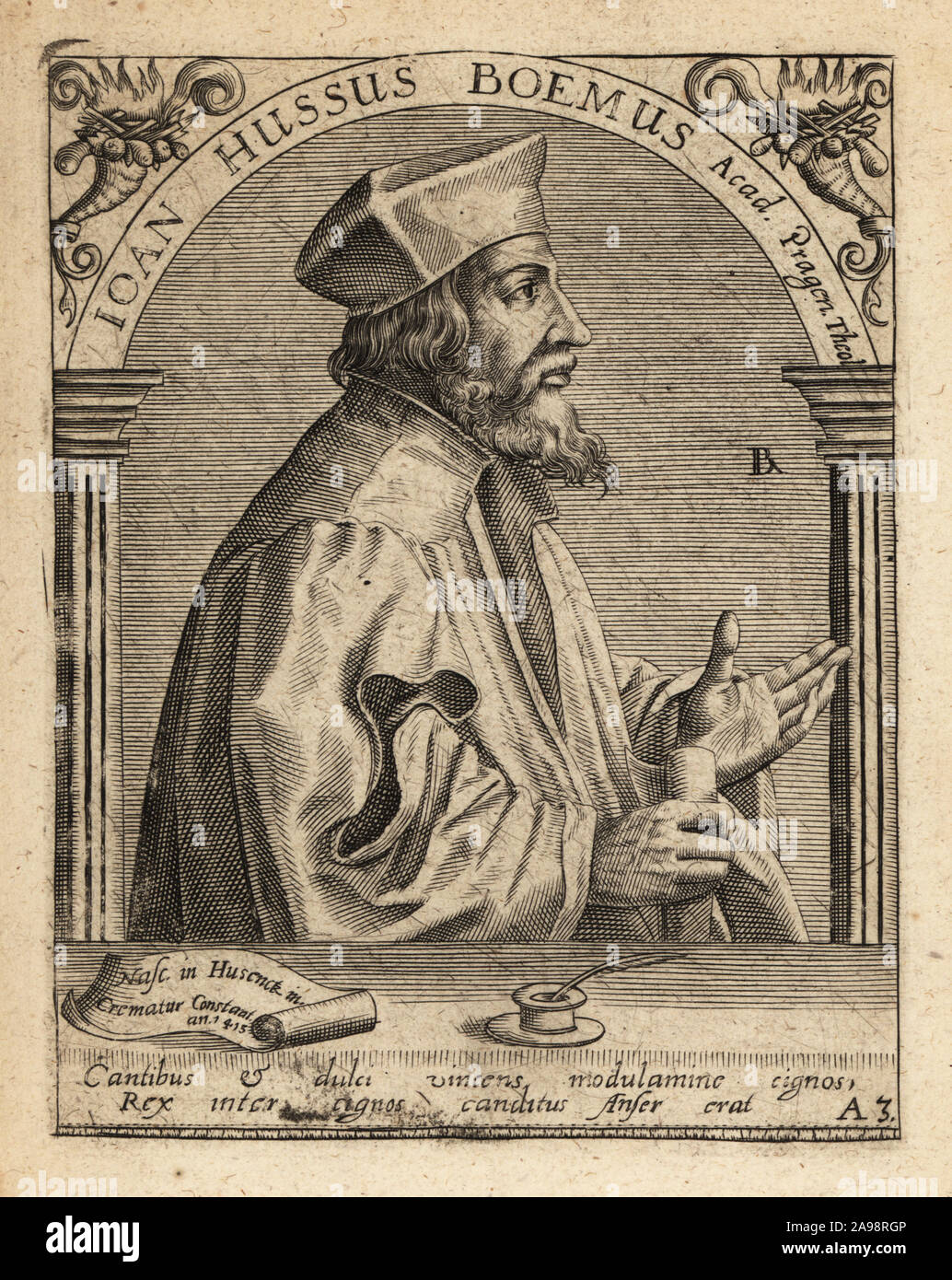 Jan Hus ou Husinec, 1369-1415, théologien tchèque et philisopher. Ioan Hussus Boemus. La gravure sur cuivre de Johann Theodore de Bry de la Bibliotheca chalcographica Jean-Jacques Boissard, Johann Ammonius, Francfort, 1650. Banque D'Images