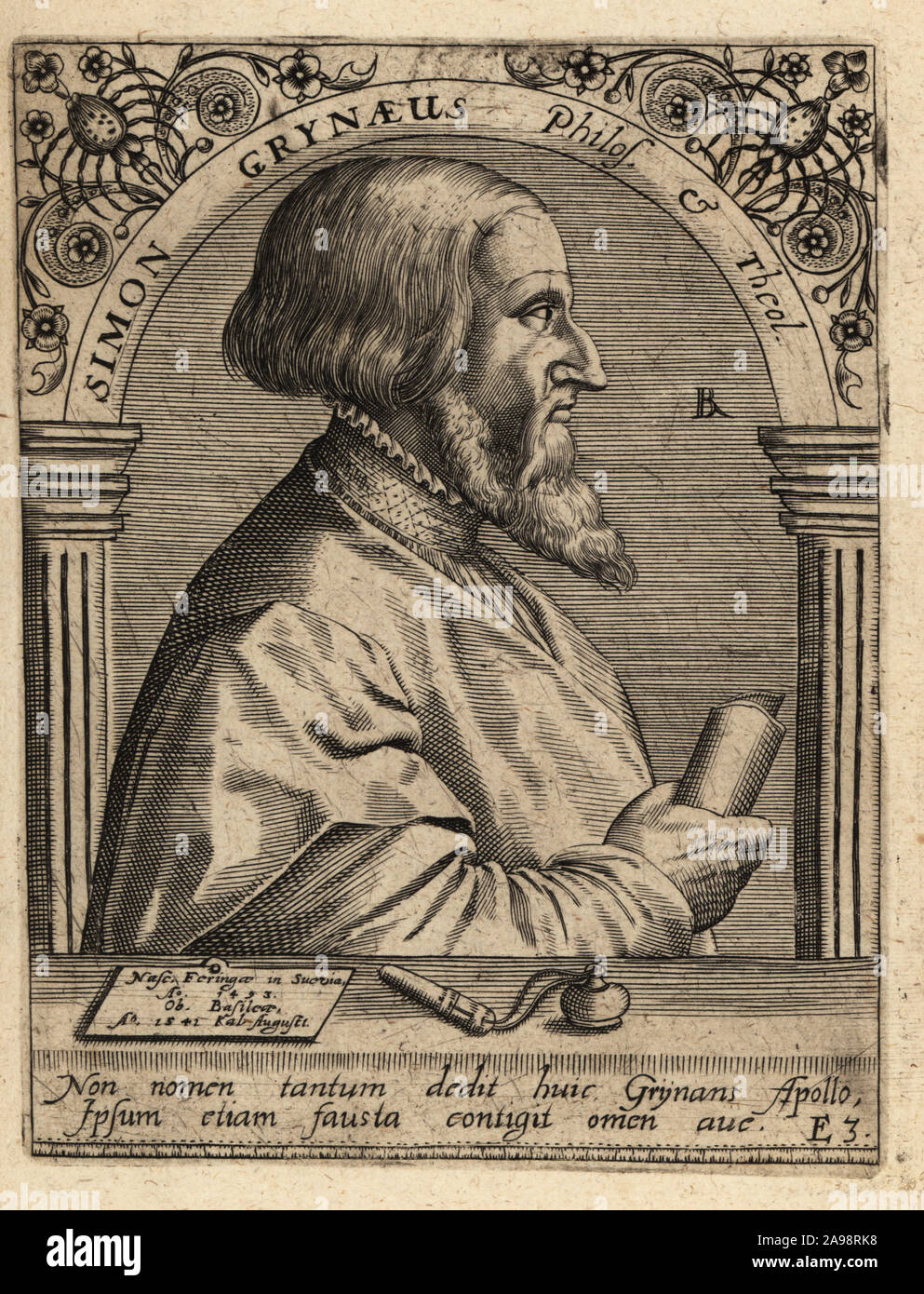 Simon Griner ; 1493-1541, chercheur allemand et théologien de la Réforme protestante. Simon Grynaeus Philosophus et Theologus. La gravure sur cuivre de Johann Theodore de Bry de la Bibliotheca chalcographica Jean-Jacques Boissard, Johann Ammonius, Francfort, 1650. Banque D'Images